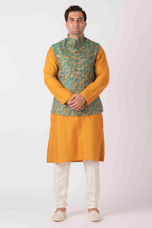 Yellow kota embroidered nehru jacket with white kurta and pyjama - set of 3  by The Weave Story | The Secret Label