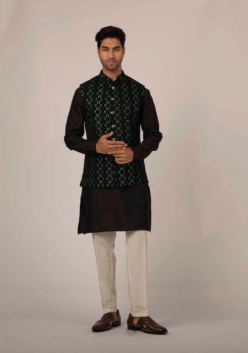 Buy Black Art Silk Embroidered Floral Nehru Jacket And Kurta Set For Men by  Aryavir Malhotra Online at Aza Fashions.