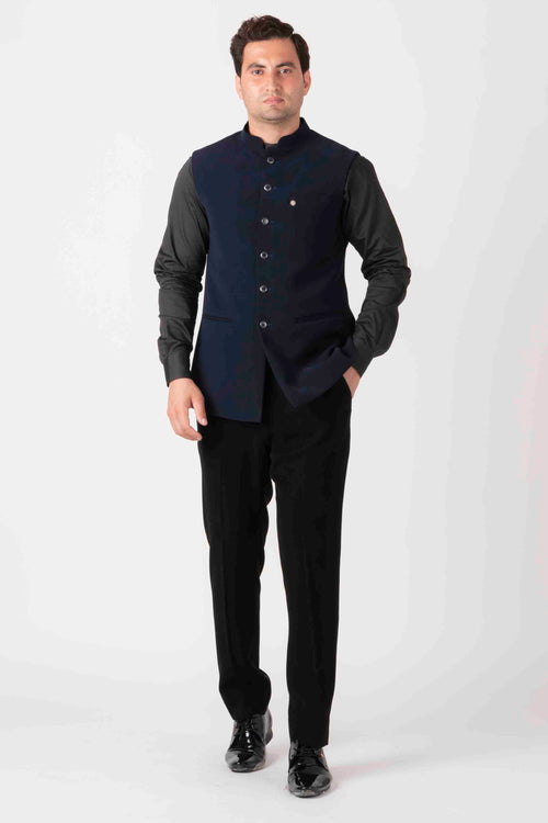 Navy Blue Silk Festival Nehru Jackets -