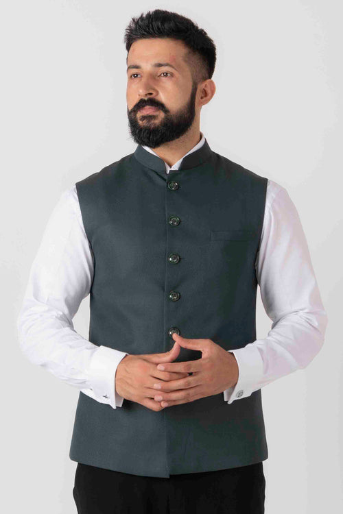 Dark Green Colour Motif Printed Nehru Jacket For Men – Prime Porter